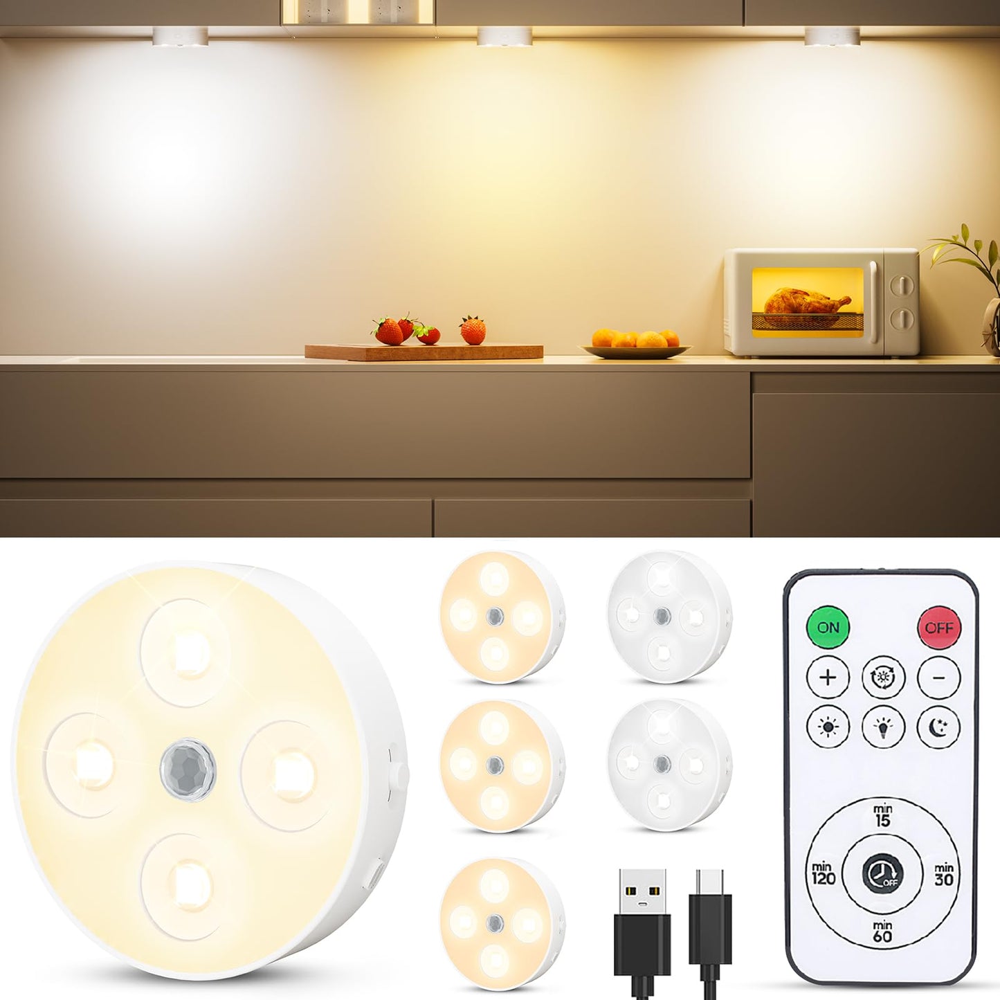 Under Cabinet Lighting  1500Mah Rechargeable Motion Sensor Puck Lights With Remote  3 Color Temper  Magnetic Stick On Light  Dimmable Under Counter Lights For Kitchen  Shelf  Closet  Stair  6Pack
