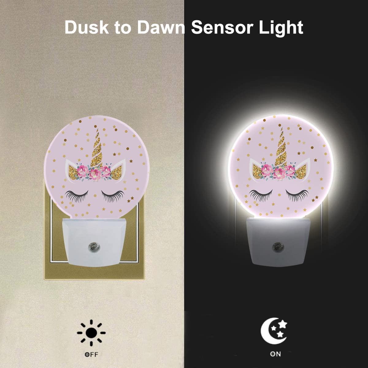 Ekobla Unicorn Pink Night Light Gold Golden Polk Dots Stars Night Lights Plug Into Wall With Dusk To Dawn Sensor Round Led Lamp For Teen Girls Fun Novelty Gift
