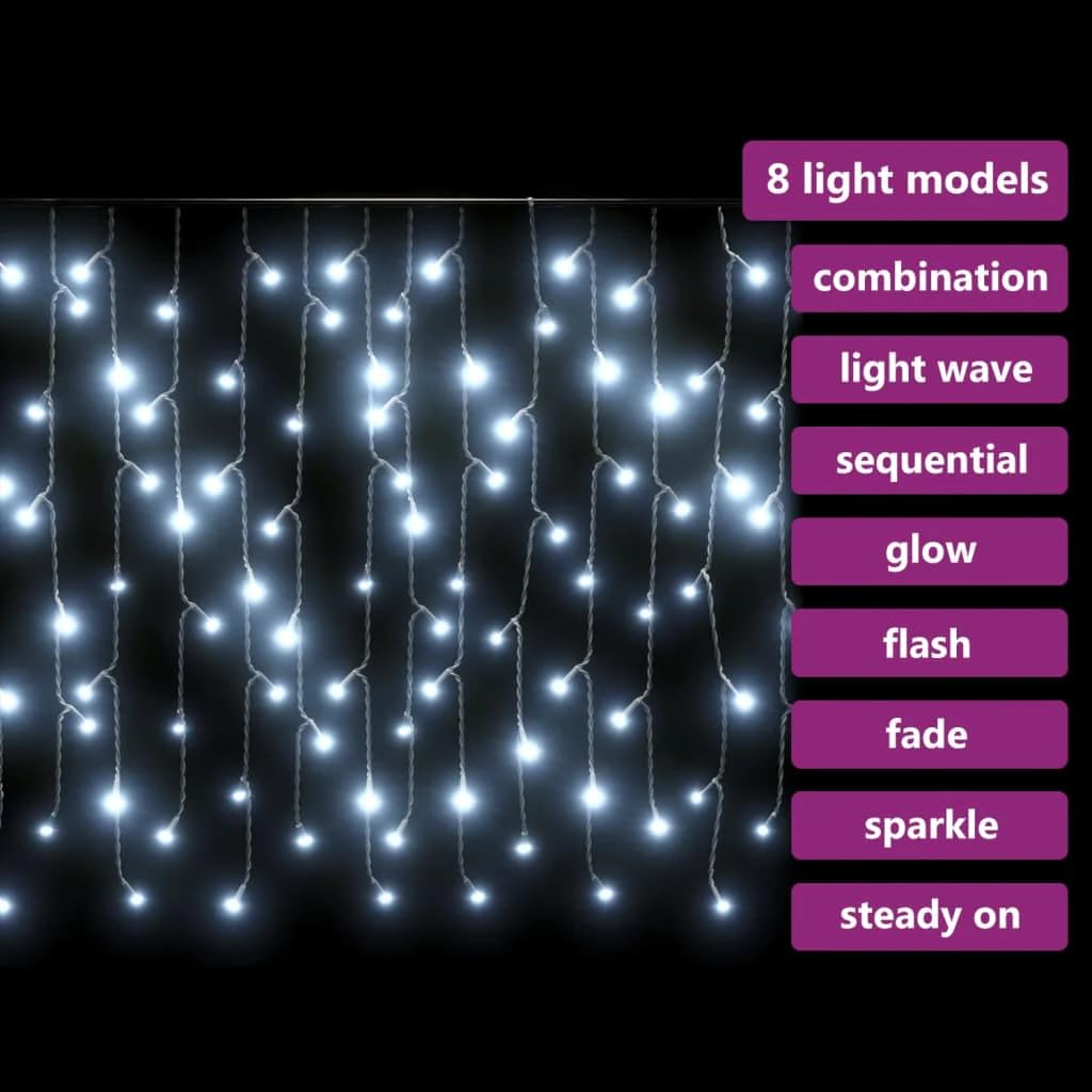 vidaXL LED Curtain Icicle Lights, 400 LEDs, 393.7in, Cold White, Waterproof, 8 Lighting Modes, USB Connection