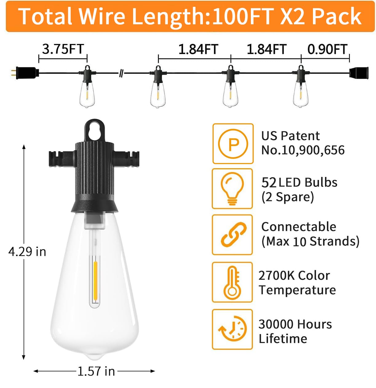 ZOTOYI Outdoor String Lights 200FT, 2Pack, Waterproof IP65, 100+4 Shatterproof LED Bulbs, Vintage Black Lights for Patio, Party, Gazebo