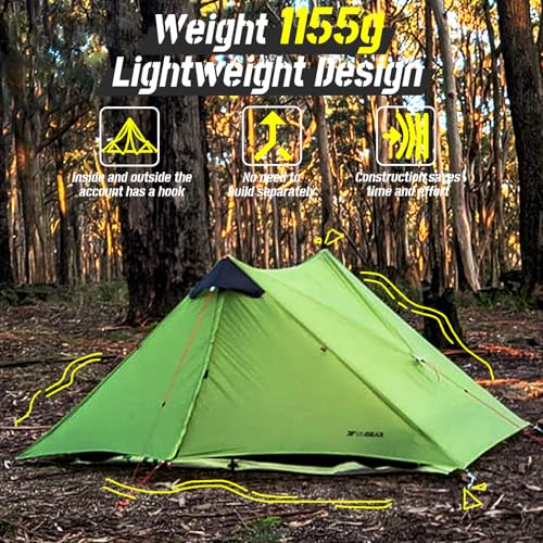 3F UL GEAR Lanshan 2 Person Tent Hiking Ultralight Camping Tent Professional 15D Silnylon Rodless Trekking Pole Tent Water...
