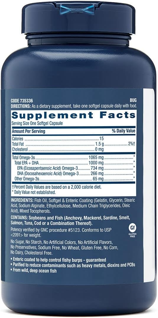 GNC Triple Strength Fish Oil, Twin Pack, 120 Softgels per Bottle, Supports Heart, Brain, Skin, Eye and Joint Health