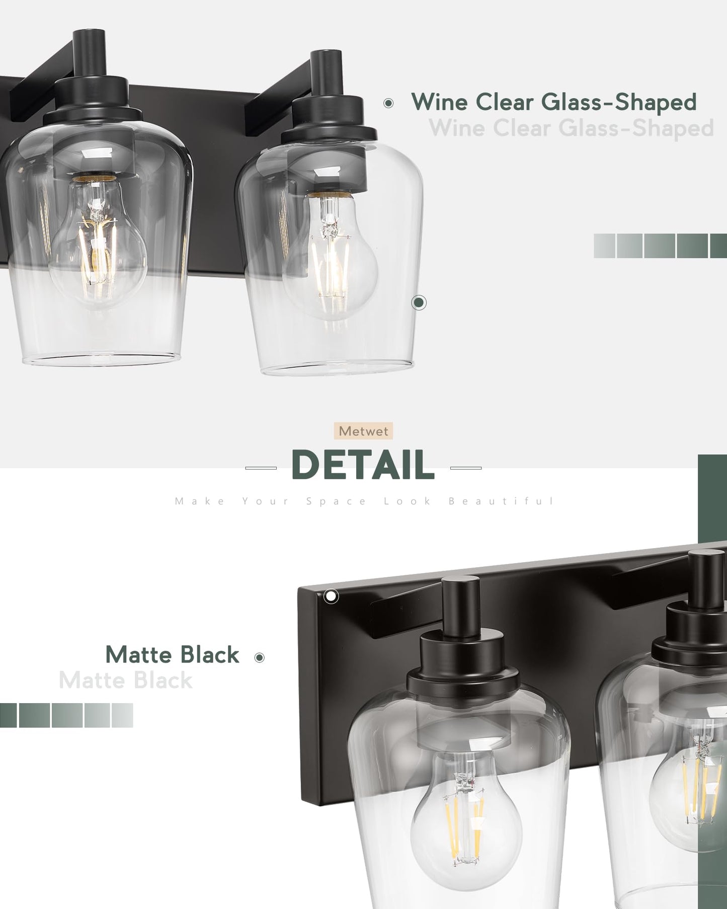 Metwet Bathroom Light Fixtures  3-Light Modern Vanity Light With Clear Glass Wine Glass-Shaped Shade  Vanity Lighting Fixtures Over Mirror  Matte Black  Vl155-Mb-3