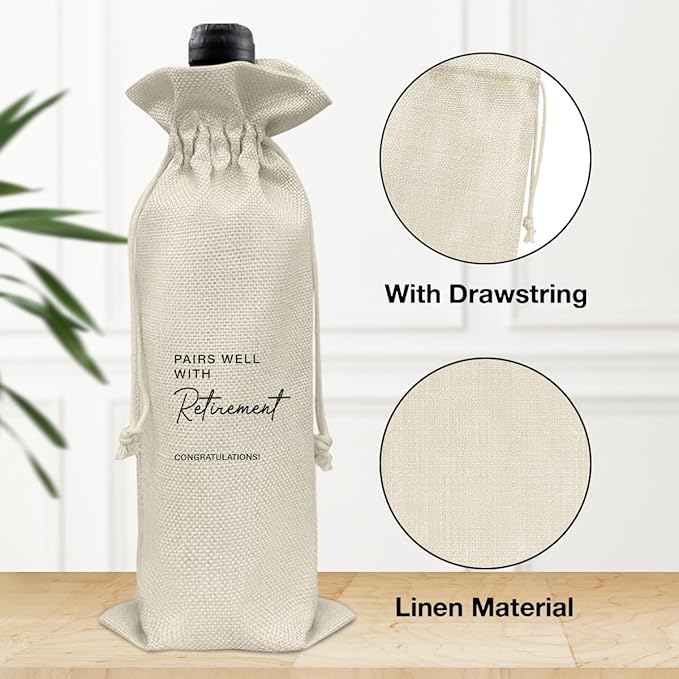 HOIJAUMAI Retirement Gift Wine Bag, Retired Gifts for Women Men, Going Away Goodbye Farewell Gifts for Coworker Friends, Pairs Well with Retirement Burlap Drawstring Wine Bag
