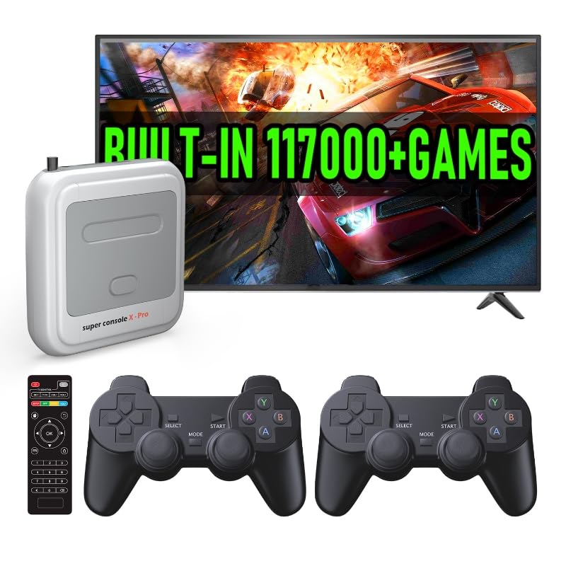 Super Console X Pro Retro Game Console with 117000+ Games, 4K TV HD/AV Output Video Game Console, TV & Game System in 1,Compatible with 63+ Emulators,with 2 Wireless Controllers