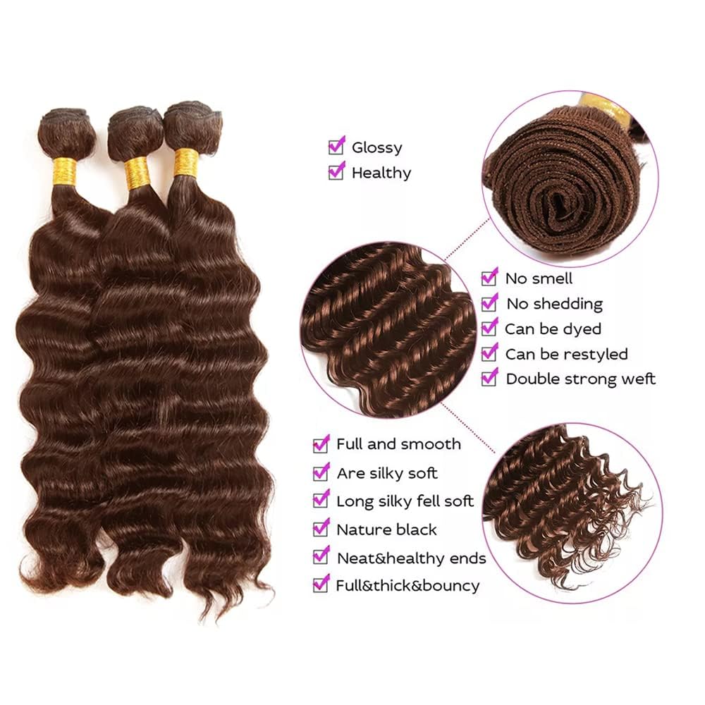 Lagalaga Bundles Human Hair 18 20 22 Inch Deep Wave Dark Brown 4 Color Human Hair Bundles Unprocessed Brazilian Virgin Hair Quic