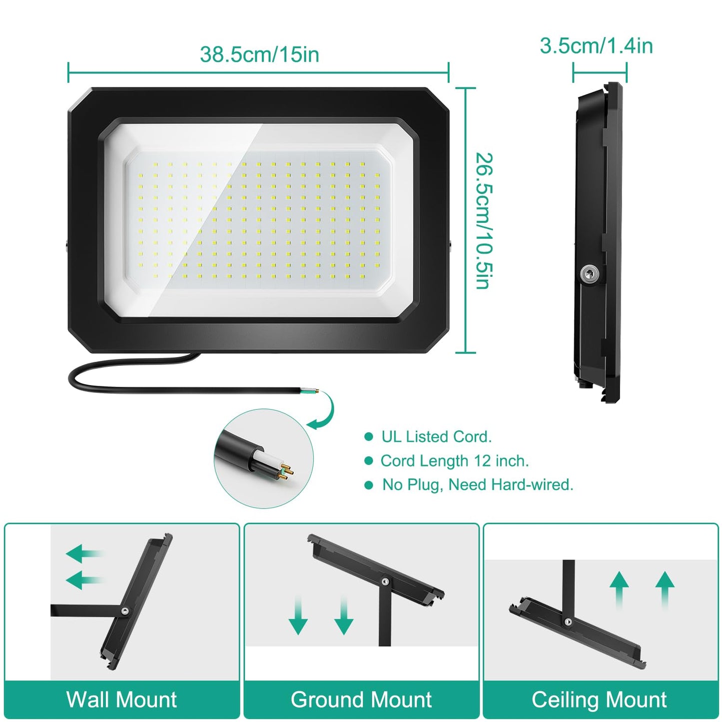 Ustellar 200W Led Flood Lights - 36000Lm, Ip66 Waterproof, Daylight White, Hard Wire, Model Ut888620 For Outdoor Security & Lighting