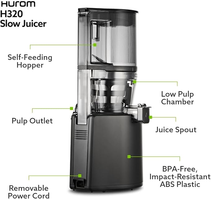 Hurom H320 Slow Juicer | Ultra Low Pulp | Hands-Free | Hopper Fits Whole Produce | Quiet Motor | BPA Free | Easy Assembly | Cold Press Masticating Juicer (Black Slow Juicer)