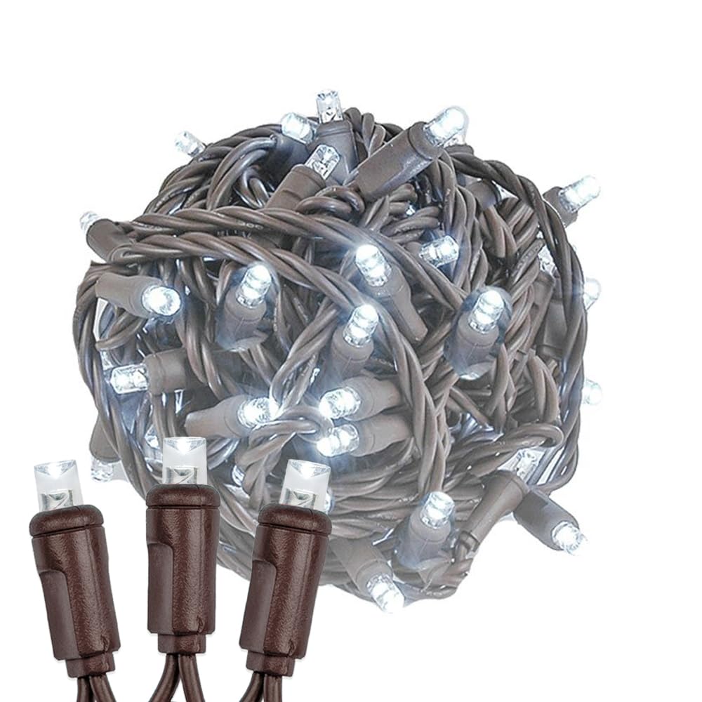 Novelty Lights 25ft 50 LED Christmas String Lights, Pure White, Brown Wire, Dimmable, Connectable, UL Listed, Model MRD-25B-2