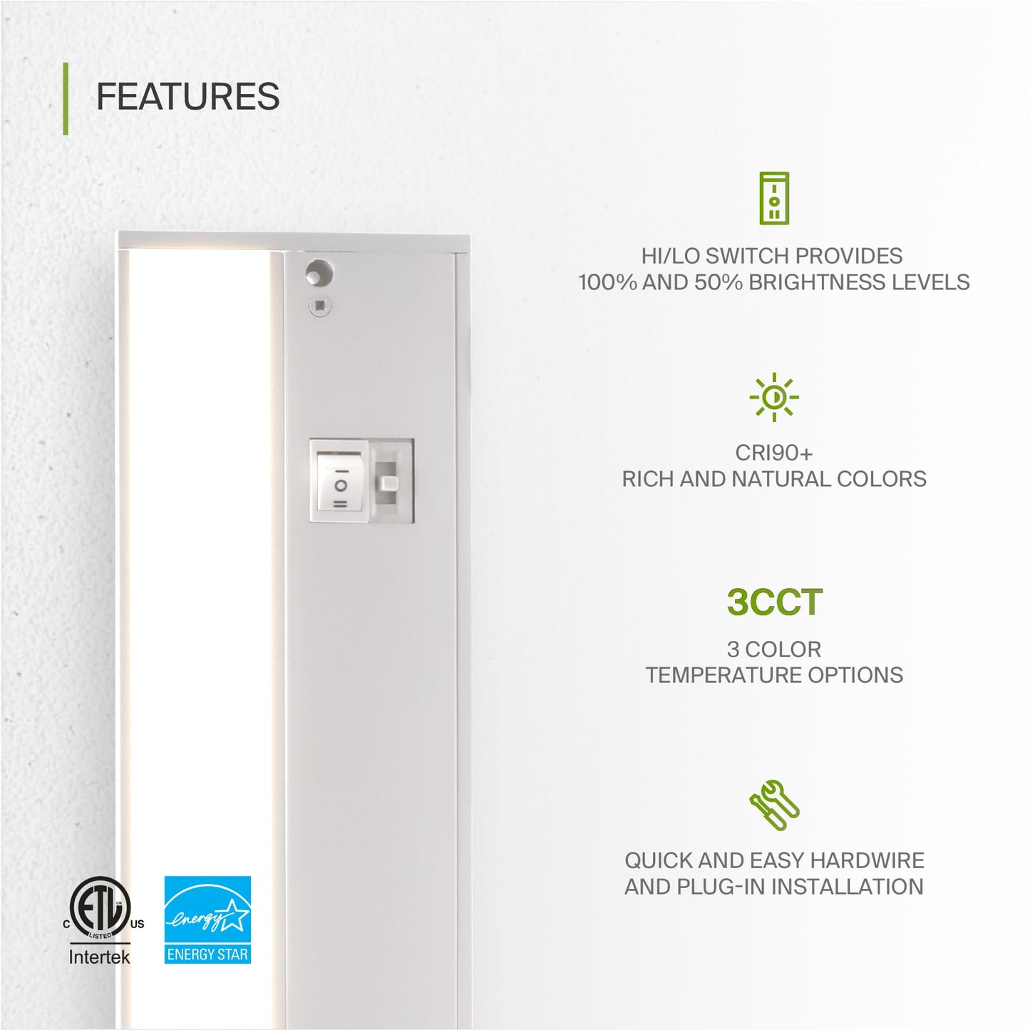 Asd Led Under Cabinet Lighting, 24 Inch Dimmable, Hardwired/Plug-In, 3 Color Levels, White Finish, Model Asd-Ucl-24D12Cc-Wh