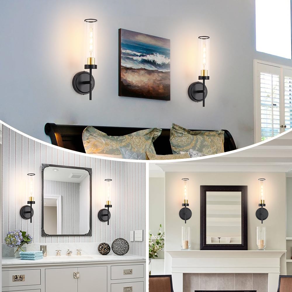 Wall Sconces Set Of Two  Black And Gold Bathroom Sconces Wall Lighting With Clear Glass  Modern Sconces Wall Decor Set Of 2  Farmhouse Wall Mount Lights For Mirror Bedroom Living Room Hallway Kitchen