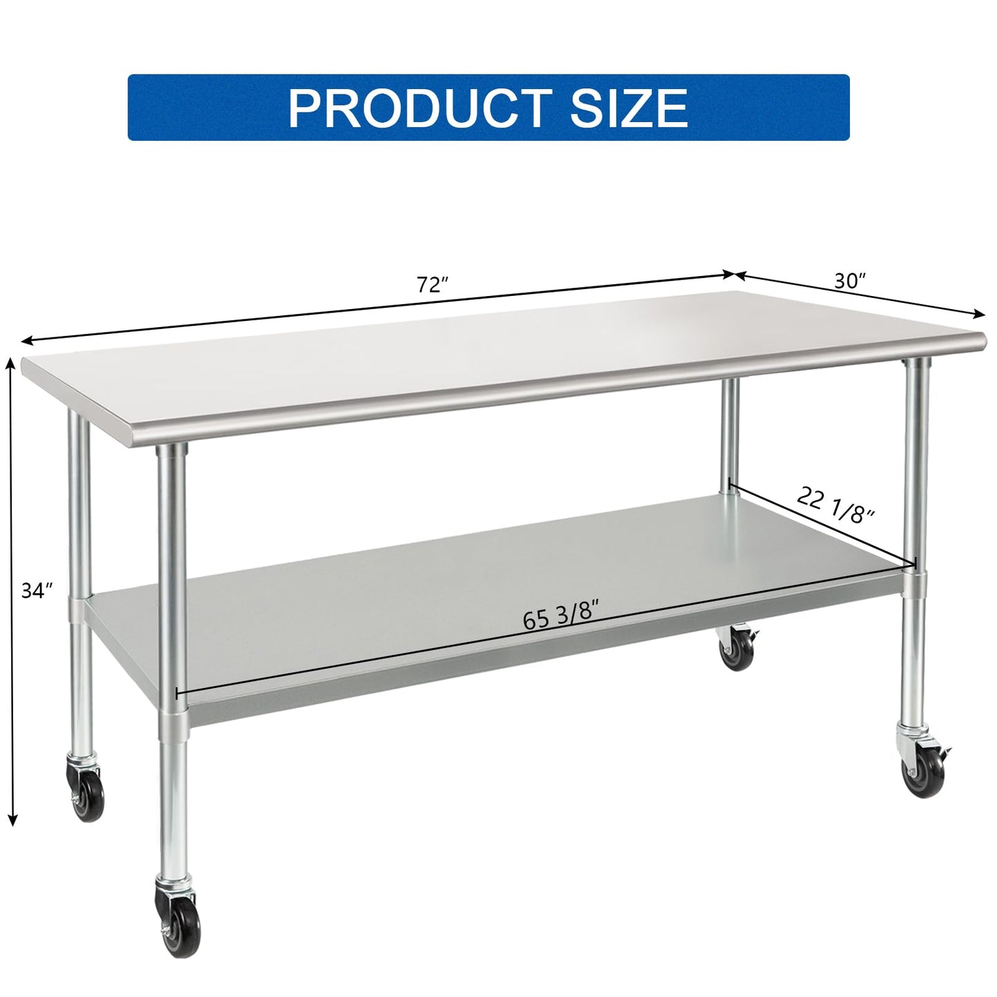 HARDURA Stainless Steel Table with Wheels 30 x 72 Inches Casters NSF Heavy Duty Commercial Prep Table with Undershelf and Galvanized Legs for Food Prep