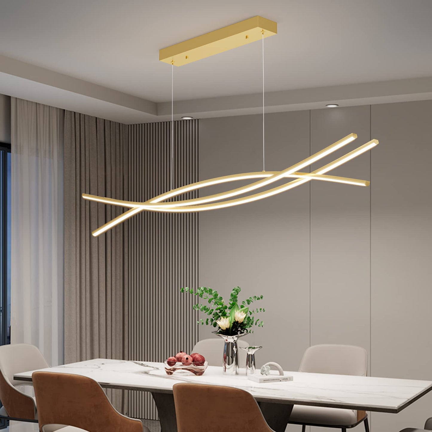 Matven Modern Chandelier Pendant Light, Dimmable LED, 3000K-6000K, 47IN, Gold, Model YGJS