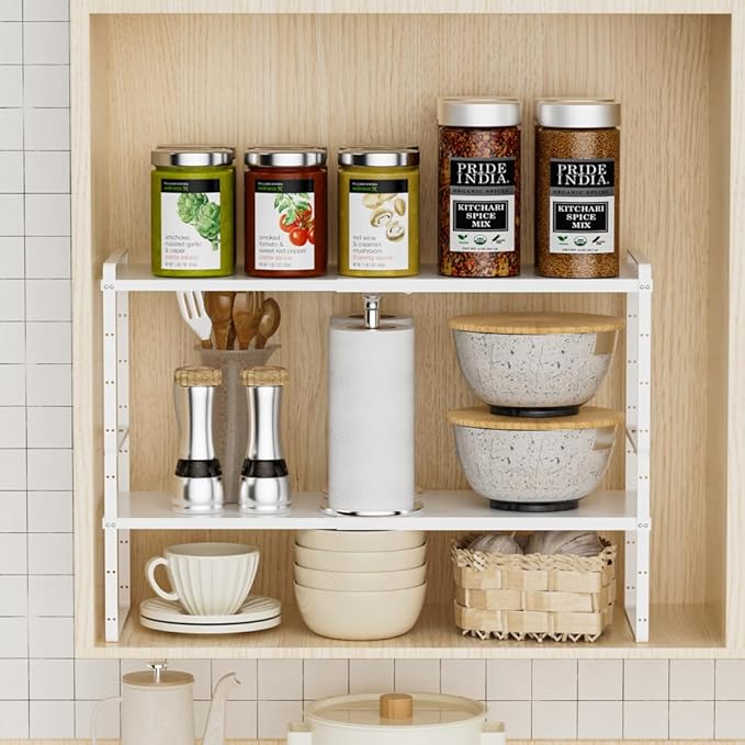 Slideep Expandable Counter Organizer Shelf, Stackable Cabinet Shelves Organizer Storage Rack Cupboard Stand Spice Rack for Kitchen Bathroom Pantry White -2 Set