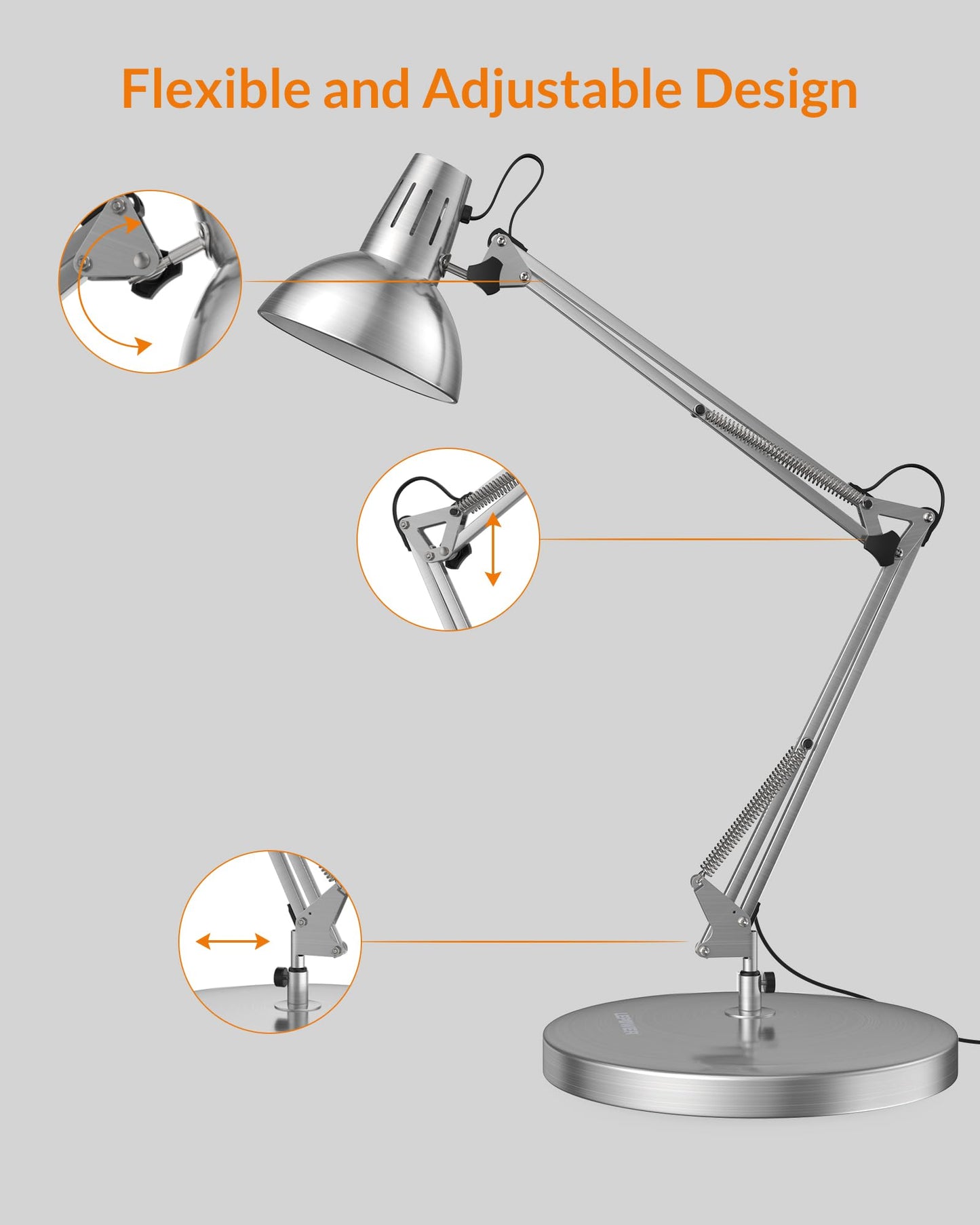 Lepower Metal Desk Lamp, Adjustable Goose Neck, Swing Arm, Silver, Model Ut2020, Eye-Caring Reading Lamp For Bedroom & Office