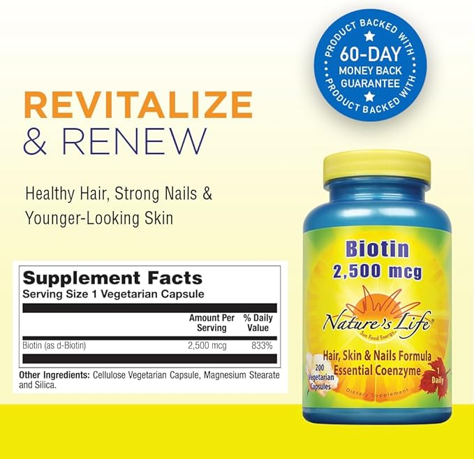 Nature's Life Biotin 2500mcg | Healthy Hair, Skin, Nail & Metabolism Support | Non-GMO | 200 Vegetable Capsules