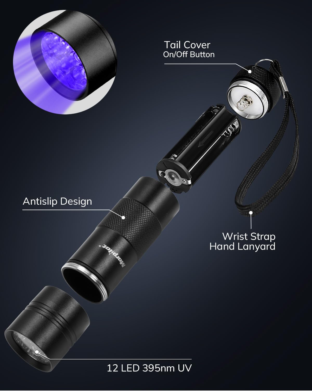 Morpilot Uv Flashlight 2 Pack, 12 Led 395Nm Blacklight, Aluminum, Pet Urine Detector, Mini Torch Light For Stains And Resin Curing