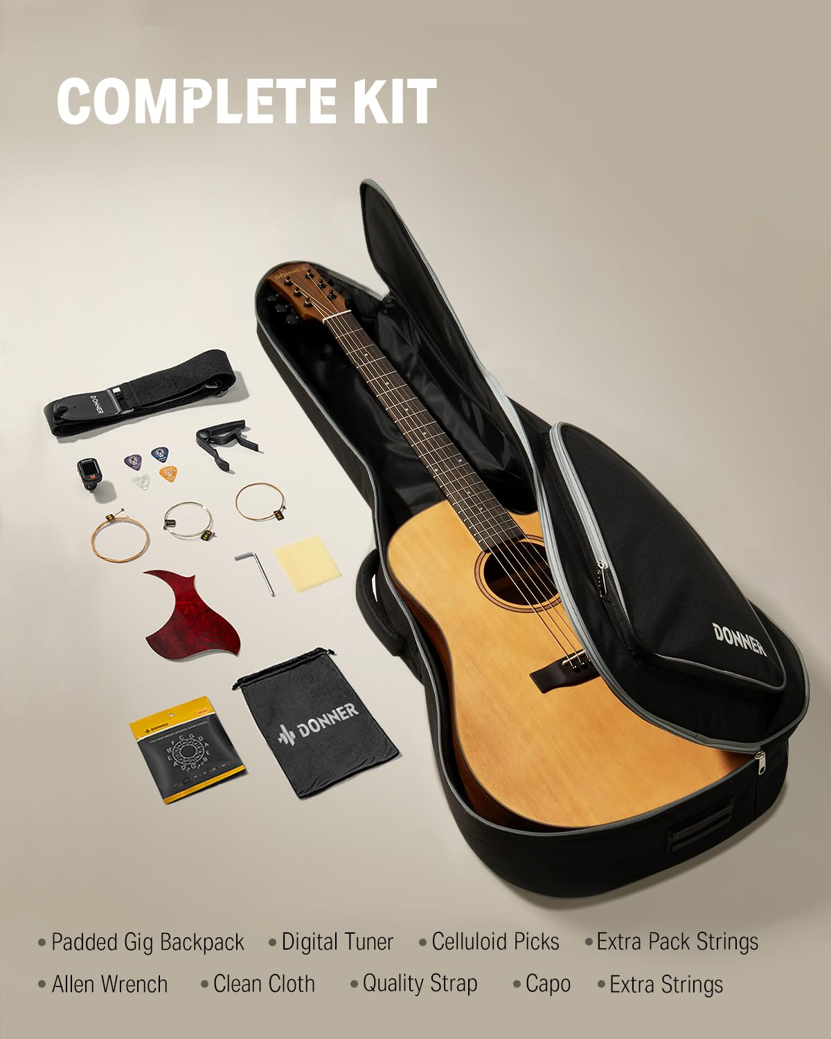 Donner 41” Acoustic Guitar Bundle for Beginners - Natural Steel Acoustic, Model DAG-1C with Gig Bag, Tuner, Strap, Picks, and Capo
