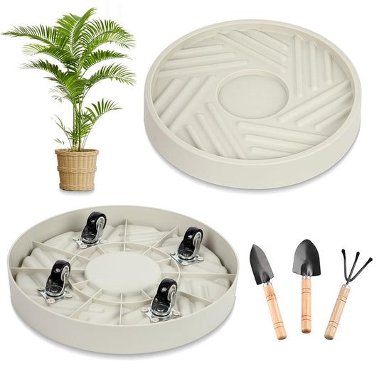 UoeRing 2 Pcs Plant Caddy with Hidden Wheels 10 Inch Heavy Duty Rolling Plant Stand, Indoor Outdoor Plant Saucer Tray with $9.9 Garden Tools (Beige)
