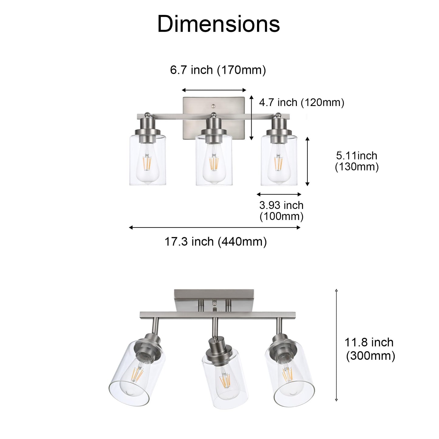 Wanluce 3 Light Track Lighting Kit Brushed Nickel Kitchen Track Lighting Fixtures Ceiling Mount Bathroom Vanity Wall Scones Light Fixture With Clear Glass  Rotatable Spotlight For Kitchen Shop Hallway