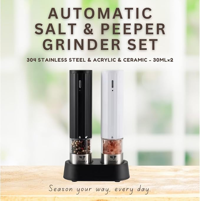 Rechargeable Electric Salt and Pepper, Automatic shaker Grinder Mill, LED Light, One-Hand Operation, Adjustable Coarseness, USB-C Charging, ABS & Stainless Steel, Stand Included.