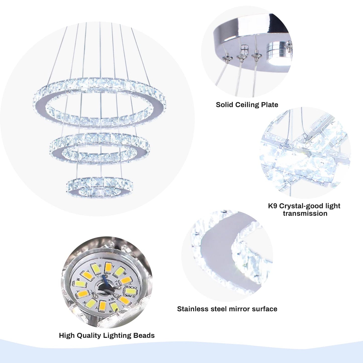 Cainjiazh Modern Crystal Chandelier 3 Rings LED Fixture Adjustable Ceiling Light for Dining Room, Bedroom, Living Room - Cool White, Model US-234YXDD-White