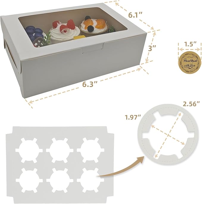 Cupcake Boxes 6 Count, Disposable Cupcake Containers, Food Grade Carrier with Window and Inserts for Cupcakes Muffins Cookies Pastries Donuts (White, 3 Pack)
