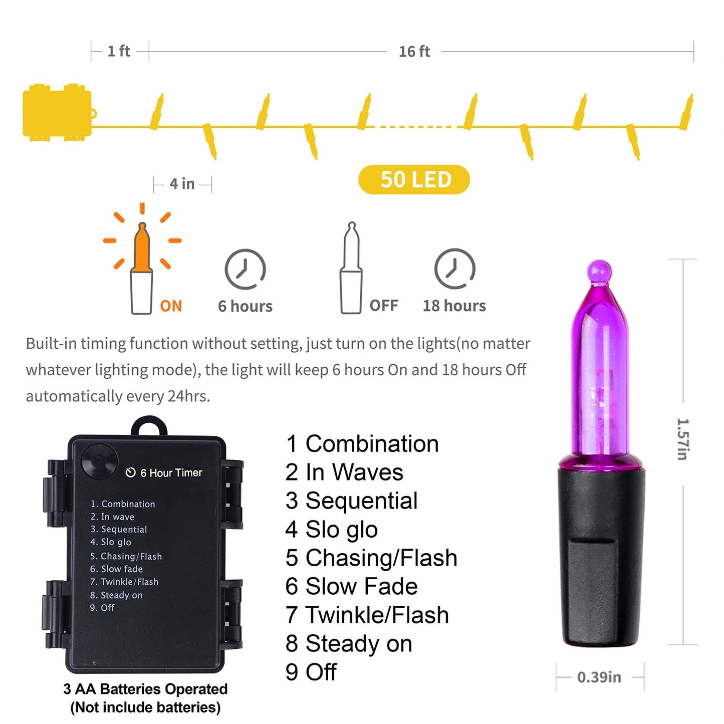 WATERGLIDE 50 LED Outdoor Halloween String Lights, 16 FT, 8 Modes, Waterproof, Battery Operated, Purple