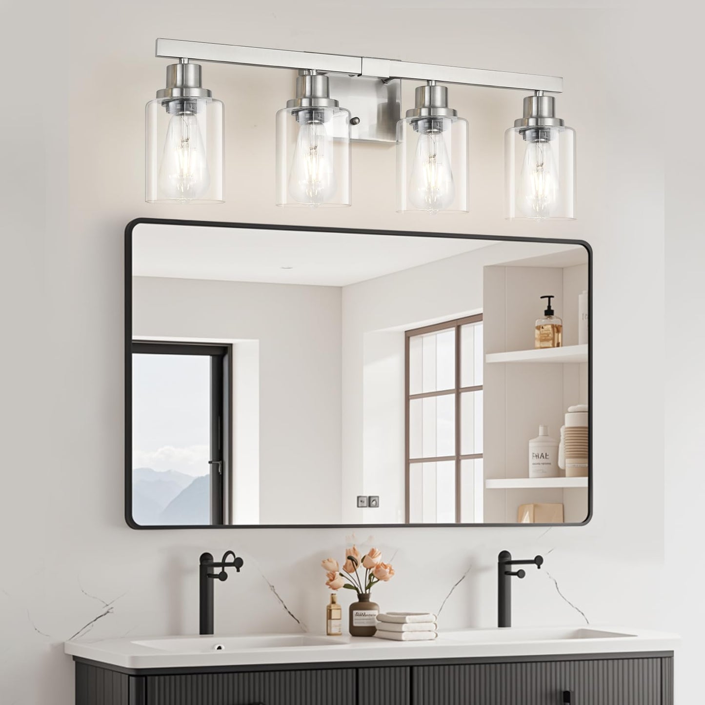 DIKAIDA Bathroom Vanity Light, 4-Light Nickel Modern Matte Wall Sconce Lighting with Clear Glass Shade, Wall Lights,Bath Vintage Wall Mounted Lamps for Mirror Bedroom Living Room