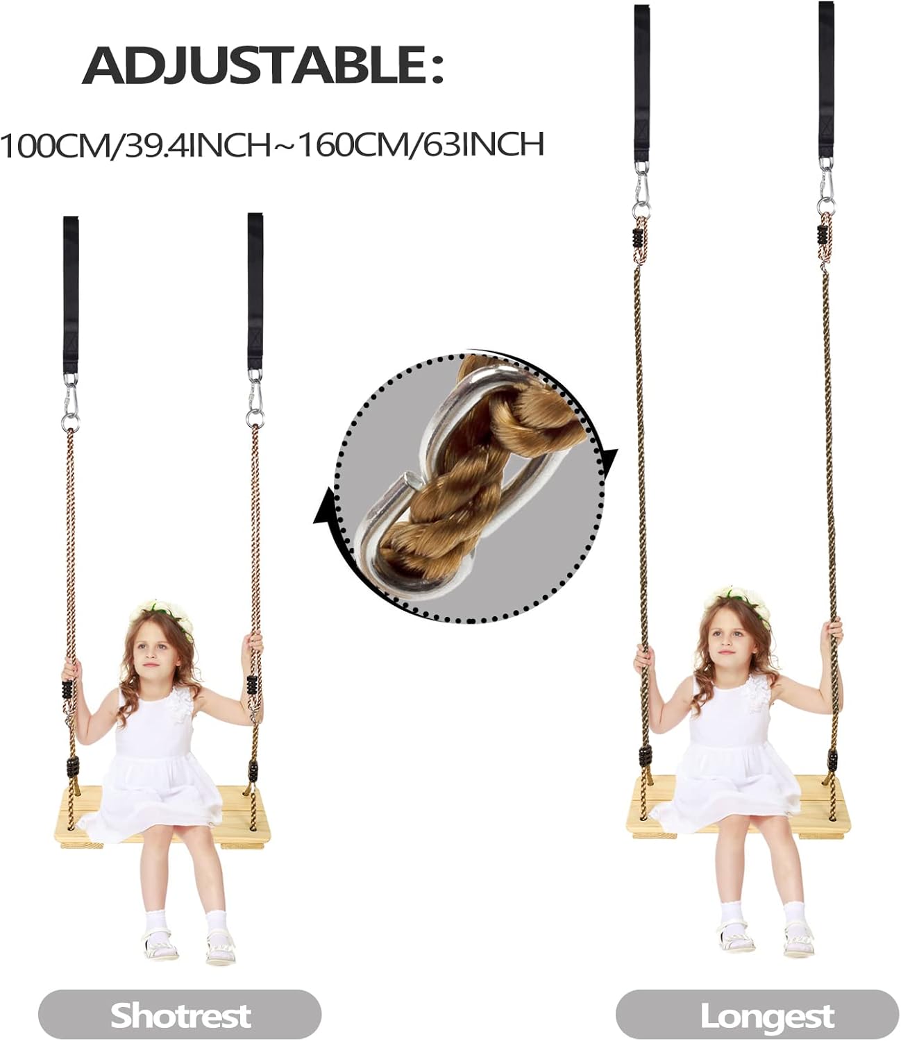 KINSPORY Wooden Swing Seat, Outdoor Swing Set Accessories for Backyard, Height Adjustable Rope with Hanging Tree Straps Kit for Porch Patio Garden Playgroud (Light Yellow)