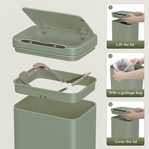 ELPHECO Stainless Steel Office Trash Can 6.6 Gallon Motion Sensor Garbage Bin Rectangular Automatic Touch Free Waste Bin for Hotel and Living Room, Avocado Green, 2AA