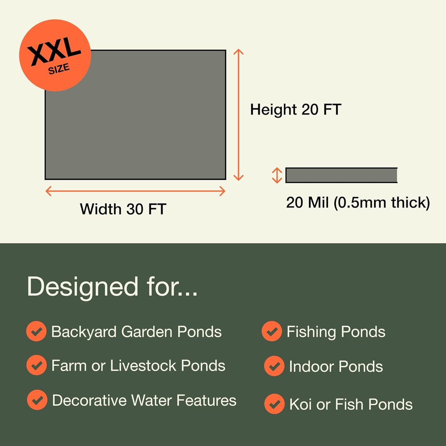 MaPorch HDPE Pond Liner - 16.5 x 26.5 ft, Black, 20 mil - UV Resistant for Pool Liner - Heavy-Duty Leak-Proof Protection for Pond Fountain - Flexible Tear-Resistant Design for Outdoor Fountain