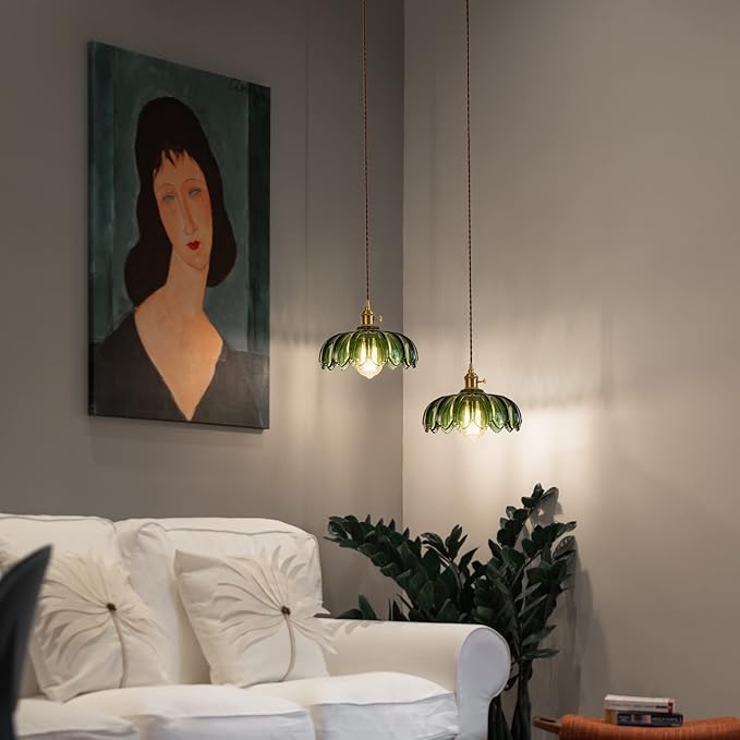 Plug in Hanging Light Fixture, Kitchen Pendant Lighting Glass Pendant Light, Green Pendant Lights for Kitchen Island, Bedroom, Dining Room, Living Room, E26 No Bulb