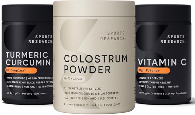 Sports Research High Potency Vegan Vitamin C Supplement for Antioxidant Activity, Turmeric Curcumin C3 Complex & Colostrum Powder - Nutrient Dense Superfood for Adults