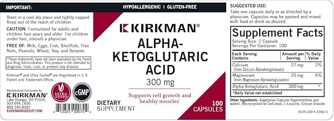 Kirkman - Alpha-Ketoglutaric Acid 300 mg - 100 Capsules - Supports Metabolism - Helps Maintain Strong Bones - Hypoallergenic