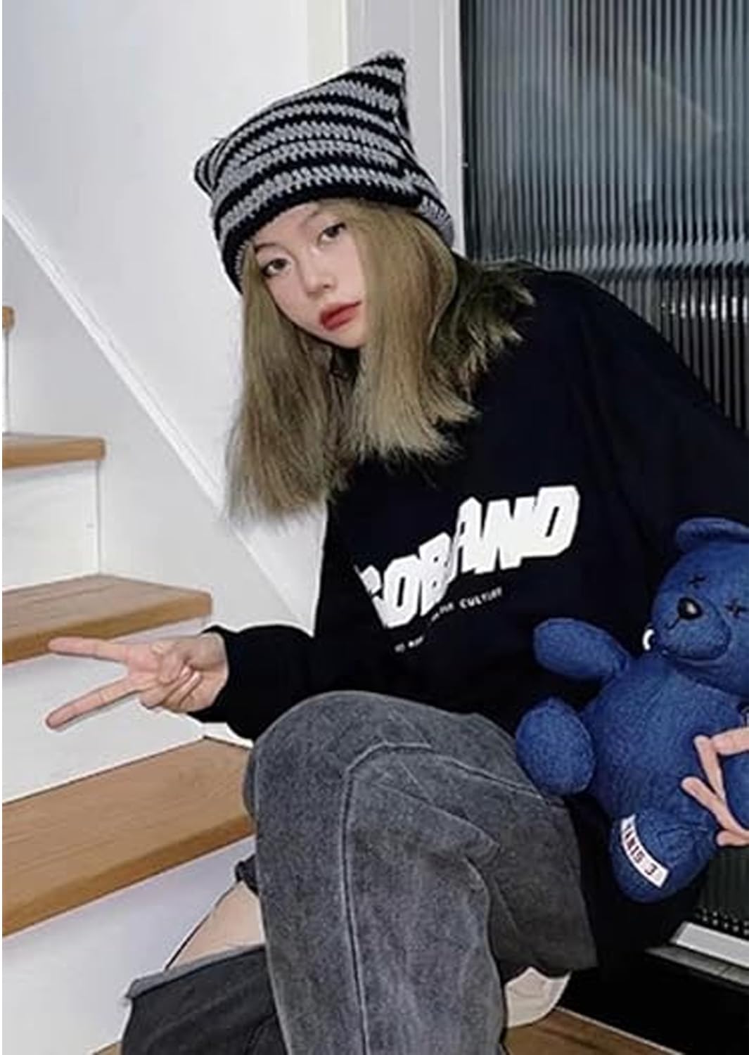Y2k Crochet Hats for Women Cat Ears Hats Warm Striped Knitted Beanies Grunge Accessories Goth Beanie Slouchy Headgear (US, Alpha, One Size, Black)