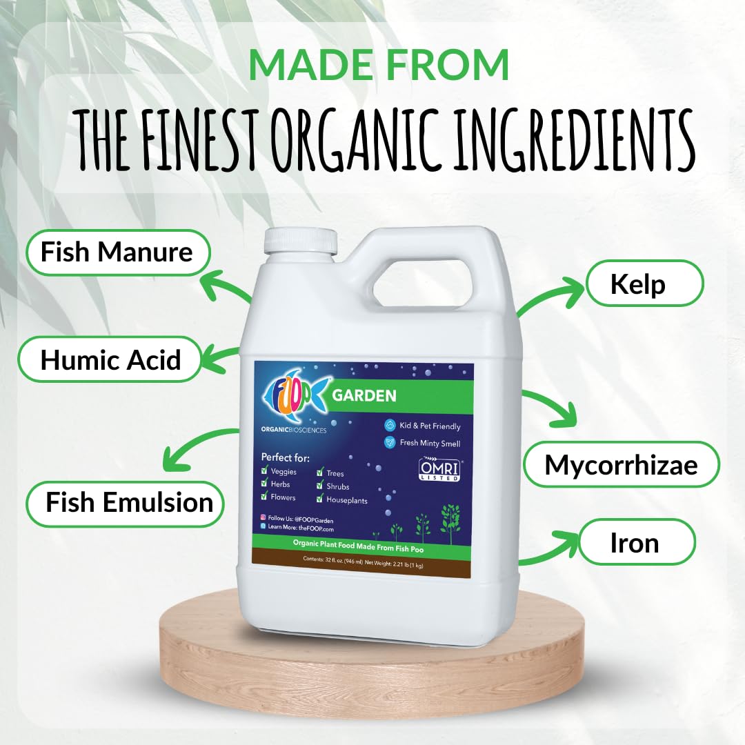 FOOP Garden - Organic Liquid Plant Food Made from Fish Manure (with Fresh Minty Scent) | Fish Fertilizer Alternative Perfect for Veggies, Herbs, Flowers,Trees,Shrubs | Kid&Pet Friendly (32oz)