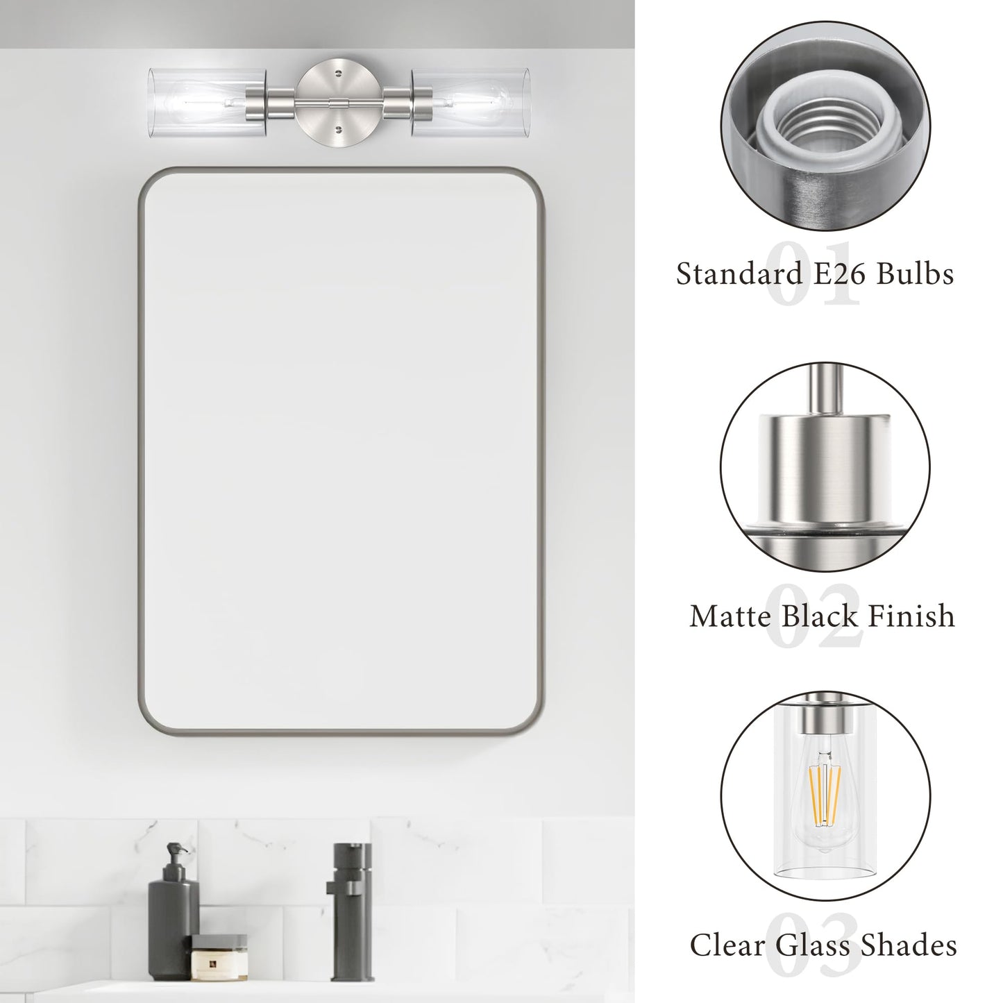 Espird Bathroom Light Fixtures 2 Light Brushed Nickle  Bathroom Vanity Lights Over Mirror  Bathroom Sconces Wall Lighting Farmhouse Vanity Light  Modern Vanity Lights With Clear Shades