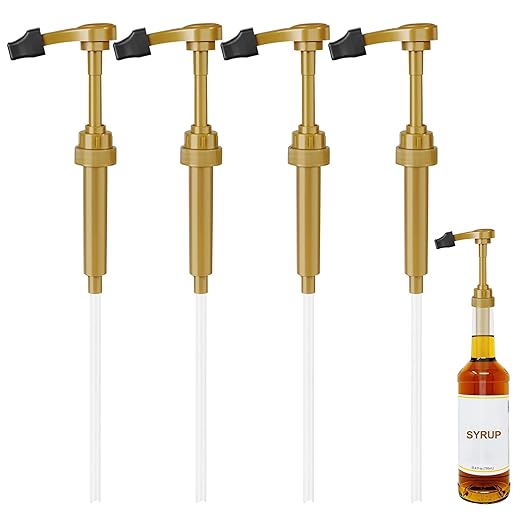 Coffee Syrup Pump for 750 ml Bottle – 4 Pack Syrup Dispenser Pumps Compatible with Torani, Skinny, Davinci – No Clog, Precise Dispensing, Includes 4 Tip Covers – for Coffee Bar, Kitchen, Gold