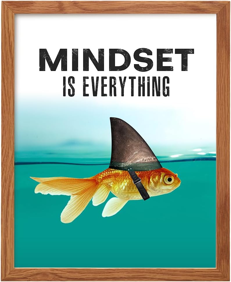 Mindset is Everything FRAMED - Motivational Wall Art Poster for Home, Office - Gift for Entrepreneur, Student, Men - Inspirational Decor - Uplifting Self-Improvement Positive Quote - Shark Goldfish