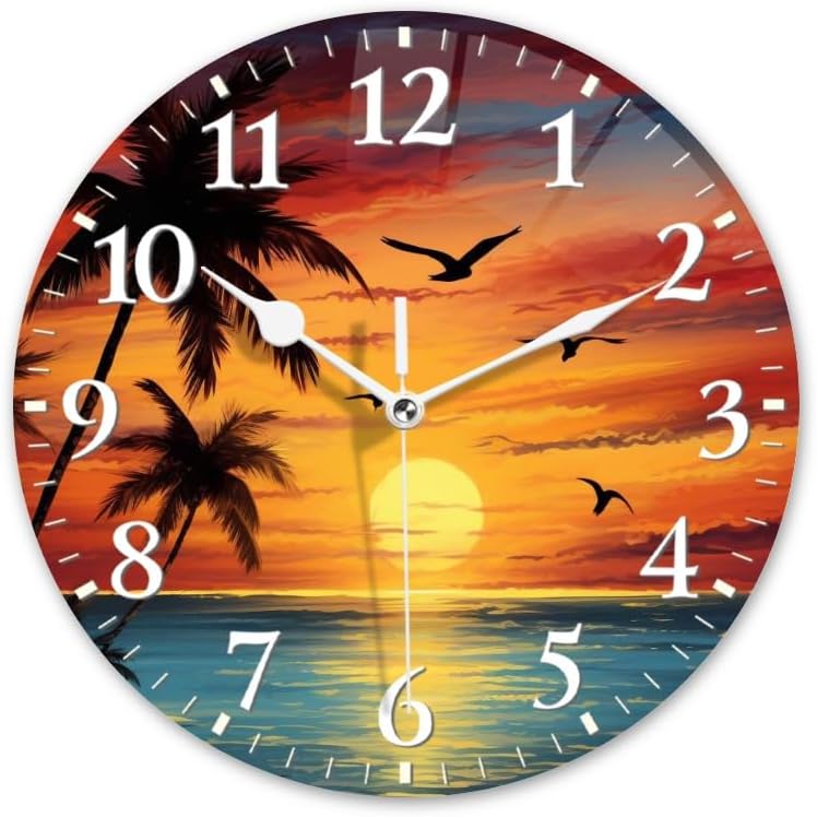 Sunset Wall Clock Non-Ticking Silent Clocks Battery Operated Analog Decor Clock for Home-Beautiful Sunset Over The Ocean with Palm Trees and Birds Flying in The Sky(10inch)