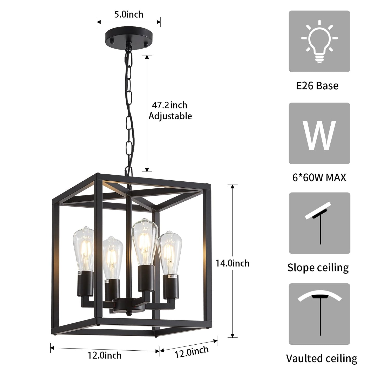 Lanhall 4-Light Farmhouse Chandelier, Adjustable Height, Metal Cage, Black Pendant Lighting For Kitchen, Dining Room, Living Room, Bedroom
