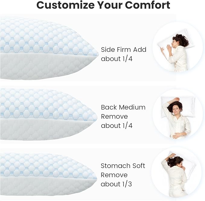 Shredded Memory Foam Pillows Pillow for Side Sleepers Cooling Pillows Stomach Sleeping Pillow Standard Pillow with 2 Extra Fill Blue