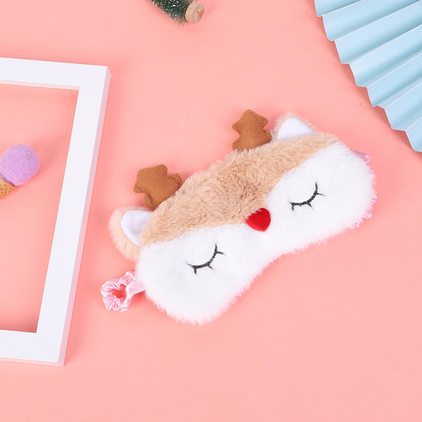 JRINYE Cute Reindeer Plush Sleep Mask - Soft Fluffy Eye Cover Blindfold for Kids, Girls and Adults - Beige