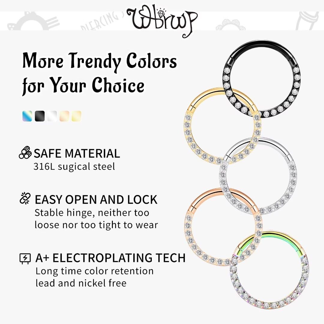 WBRWP 316L Stainless-Steel Hinged Flat Nose Rings Hoop : Unisex Body Pierecing Ring with Zircon 18G(1.0mm) Flat Septum Clicker H