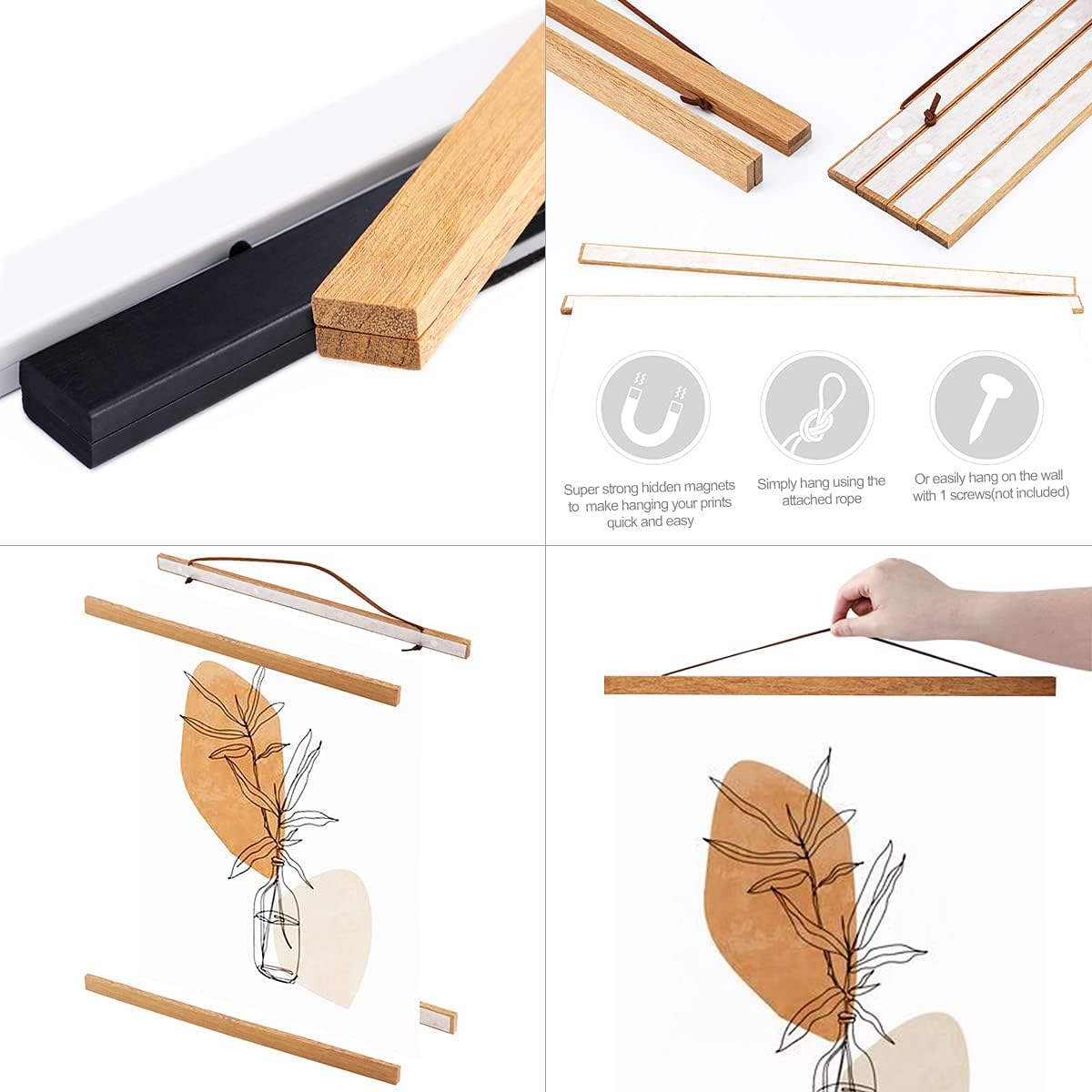 Ywlake Magnetic Poster Hanger, 20x28 20 x 30 20x24 Poster Frame Wood Wooden Magnet Print Posters Dowel Scroll Hanger Hangers Hanging Kit for Walls Map Canvas Artwork (Teak Wood,20")