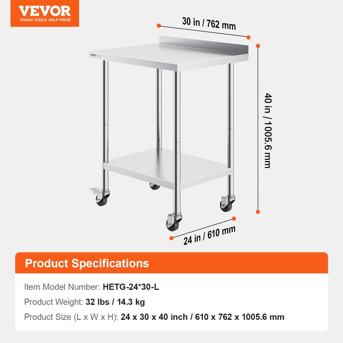 VEVOR Stainless Steel Prep Table, 30 x 24 x 35 Inch, 440lbs Load Capacity Heavy Duty Metal Worktable with Backsplash Adjustable Undershelf & 4 Casters, Commercial Workstation for Kitchen Restaurant