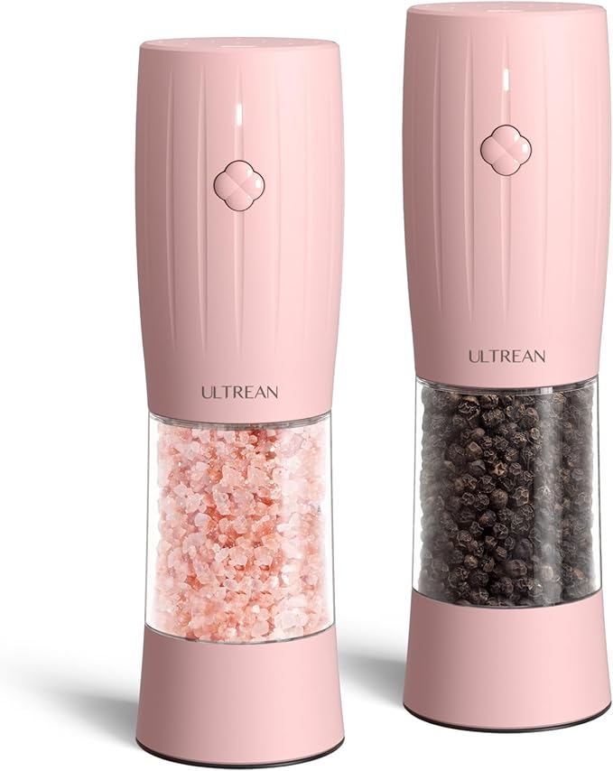 Ultrean Electric Salt and Pepper Grinder Set, Rechargeable Salt and Pepper Shakers, 6 Adjustable Coarseness, LED Light, Kitchen Gadget & Christmas Gifts, Pink
