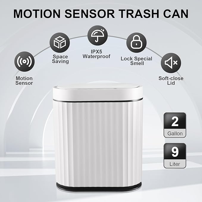 ELPHECO Bathroom Trash Can with Lid 2 Gallon Small Sensor Garbage Can, 9 Liter Slim Smart Trash Bin, Waterproof Automatic Wastebasket, Narrow Plastic Garbage Bin for Bathroom, Black and White
