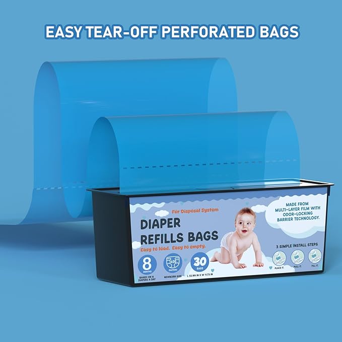 Diaper Pail Refills Bags with 30 Bags Compatible with Genie Easy Roll Signature Diaper Pails and Platinum Diaper Pails, Lasts Up to 8 Months, 7-Layer Odor-Barrier Technology, 3 Pack (90 Bags)